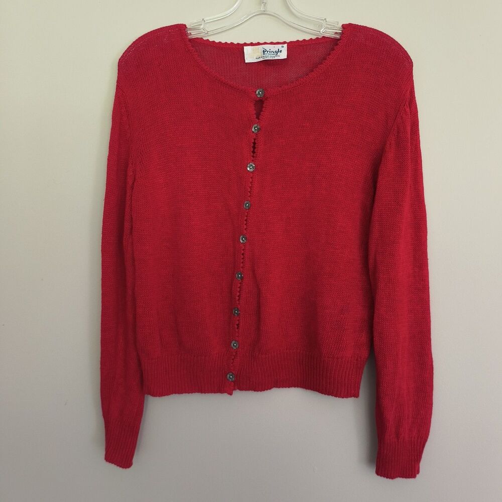 Vintage Pringle of Scotland Cardigan Womens S Red Linen Holiday Party Old Money